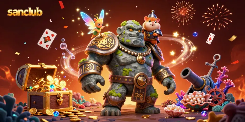 Engage in thrilling action with sanclub's vibrant casino-themed 3D scene, featuring a stone golem and magical elements.