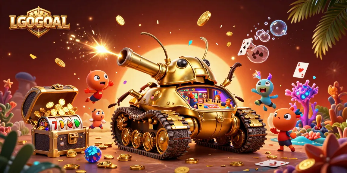 Experience LGOGOAL's thrilling 3D casino adventure with golden tank and slot elements bursting with excitement.