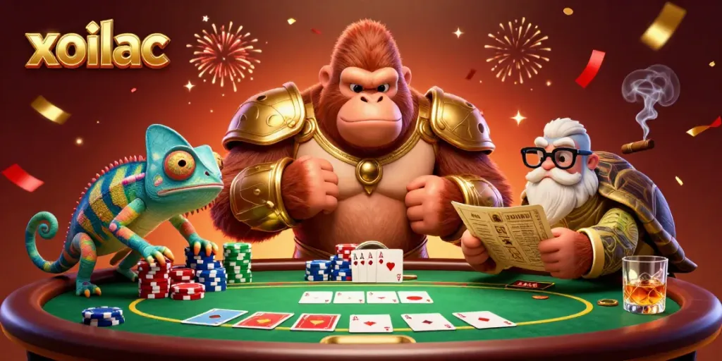Xoilac's dynamic gorilla king character surrounded by poker elements and festive details, showcasing an engaging gambling atmosphere.