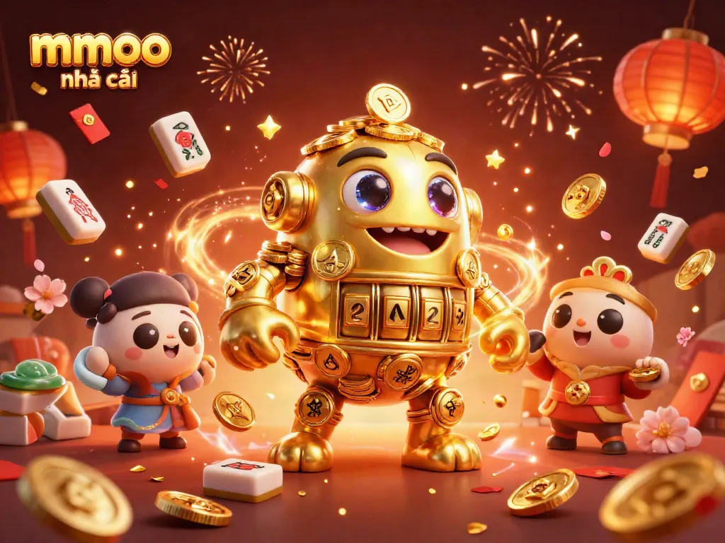 Engage in the excitement of mmoo nhà cái with a golden golem and vibrant gaming elements in this lively scene.