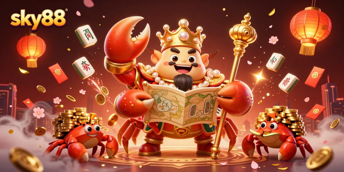Sky88 captures the excitement of betting with the emperor crab and vibrant casino elements.