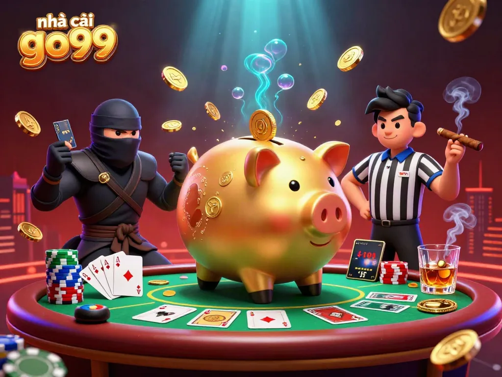 Engaging scene at nhà cái go99 with a golden piggy bank sumo wrestler, wallet-ninja, and referee surrounded by poker elements.