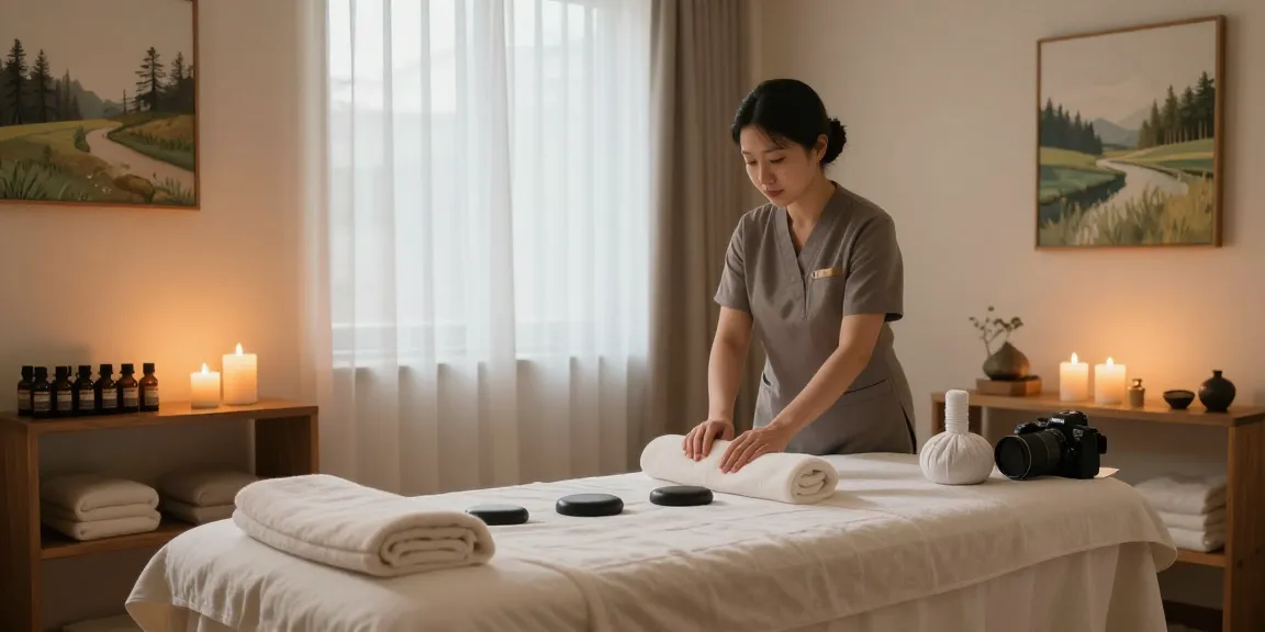 Relaxing Suwon 출장 마사지 scene with a serene massage therapist preparing the treatment room