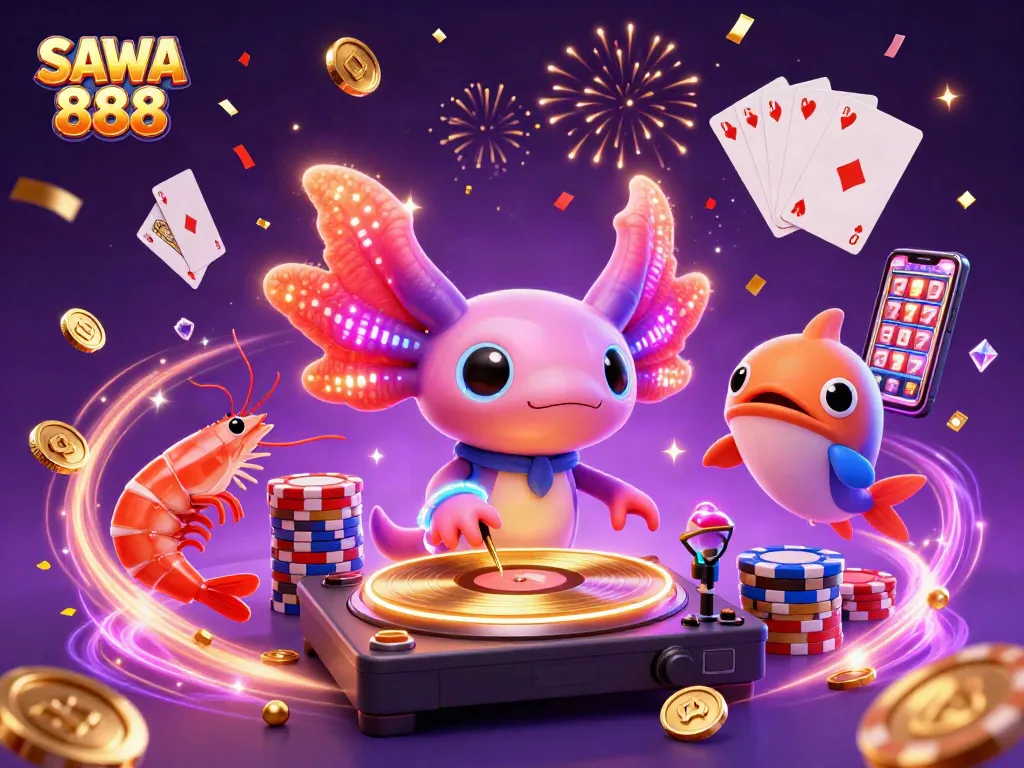 Experience excitement with SAWA 888's vibrant casino scene featuring a neon axolotl DJ.