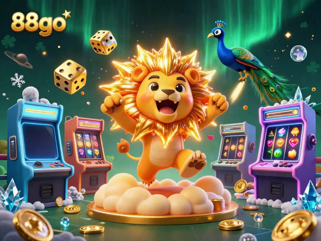 Engage with exciting 88go casino games featuring dynamic 3D characters, vivid slots, and gold accents.