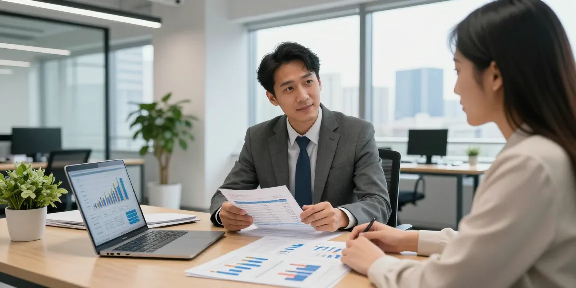 Consultant explaining costs of merchant cash advances, exploring if merchant cash advances are expensive in a modern office.