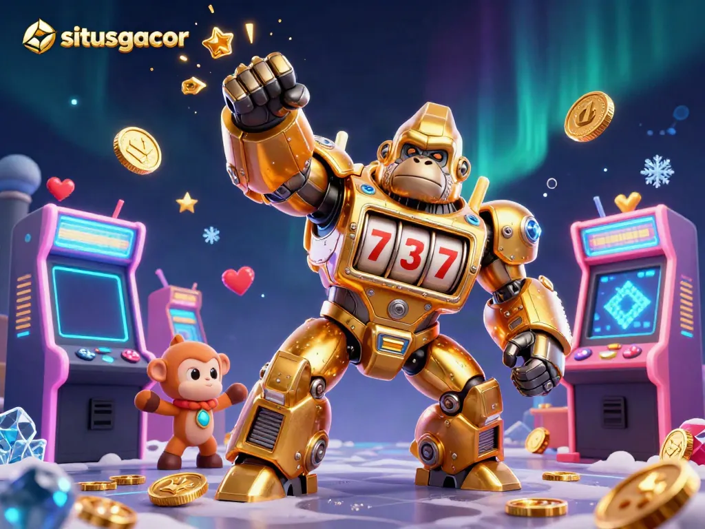 Permainan slot gacor situsgacor yang menampilkan karakter gorila mecha dengan mesin slot berkilauan.