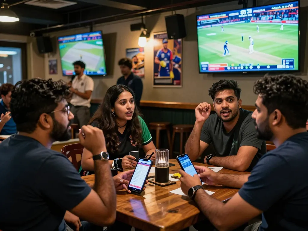 Excited friends watching cricket and engaging in 99exch cricket betting at a vibrant sports bar.