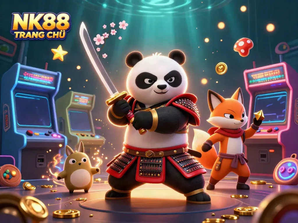 Engage with NK88 TRANG CHỦ as a fierce panda samurai faces the gaming adventure ahead.