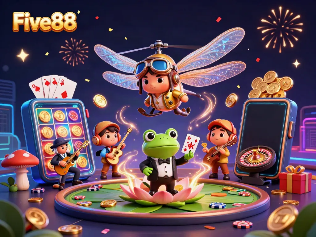 Experience the vibrant Five88 casino scene with a dragonfly pilot, frog dealer, and jazz musicians.