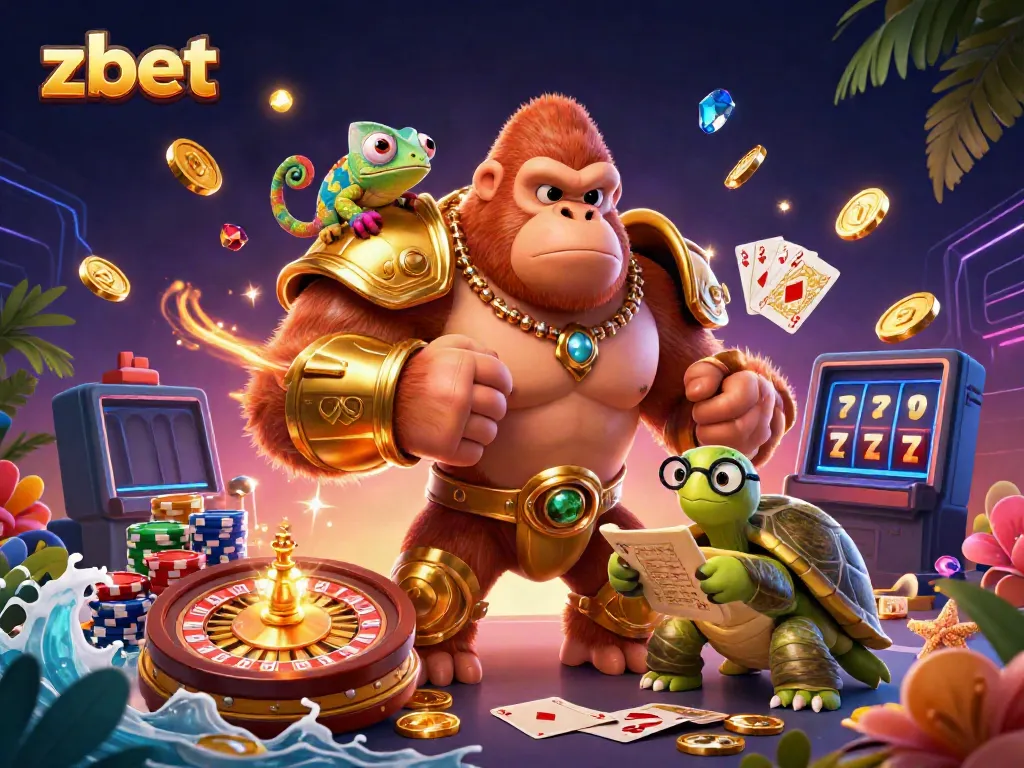 Experience the thrill of zbet with 3D characters celebrating casino fun amidst coins and gems.