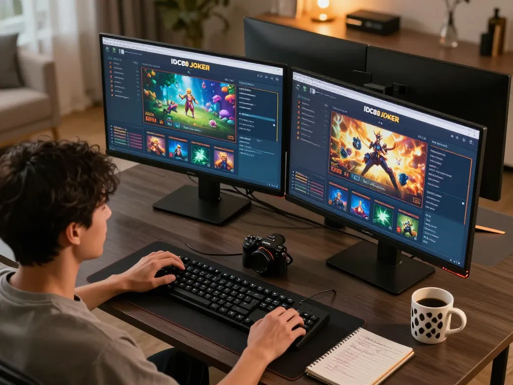Engaged player analyzing strategies while playing IDC88 JOKER on multiple screens in a cozy home setup.