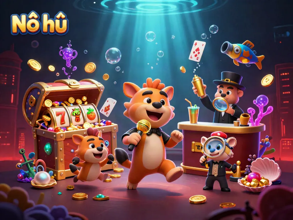 Engaging hyenas in comedy casino scene showcasing Nổ hũ slot games and vibrant underwater elements