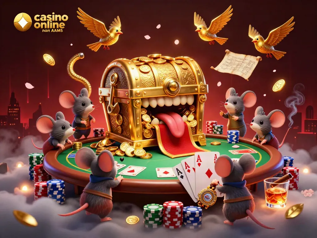 Giocatori nel casino online non AAMS con una cassaforte attraente e un tavolo da poker ricco di chip colorate.