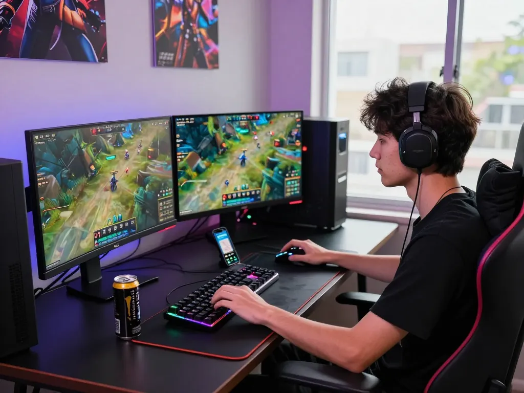 Intense online gaming setup showcasing ligasedayu with vibrant RGB lighting and immersive graphics.
