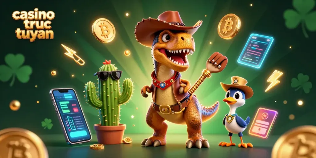 Khám phá casino trực tuyến với hình ảnh sống động của T-Rex, xương rồng và roadrunner trong không gian sôi động.