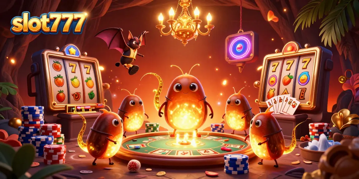 Experience the excitement of slot777 with vibrant illustrations of gambling fun in a bioluminescent cave casino.