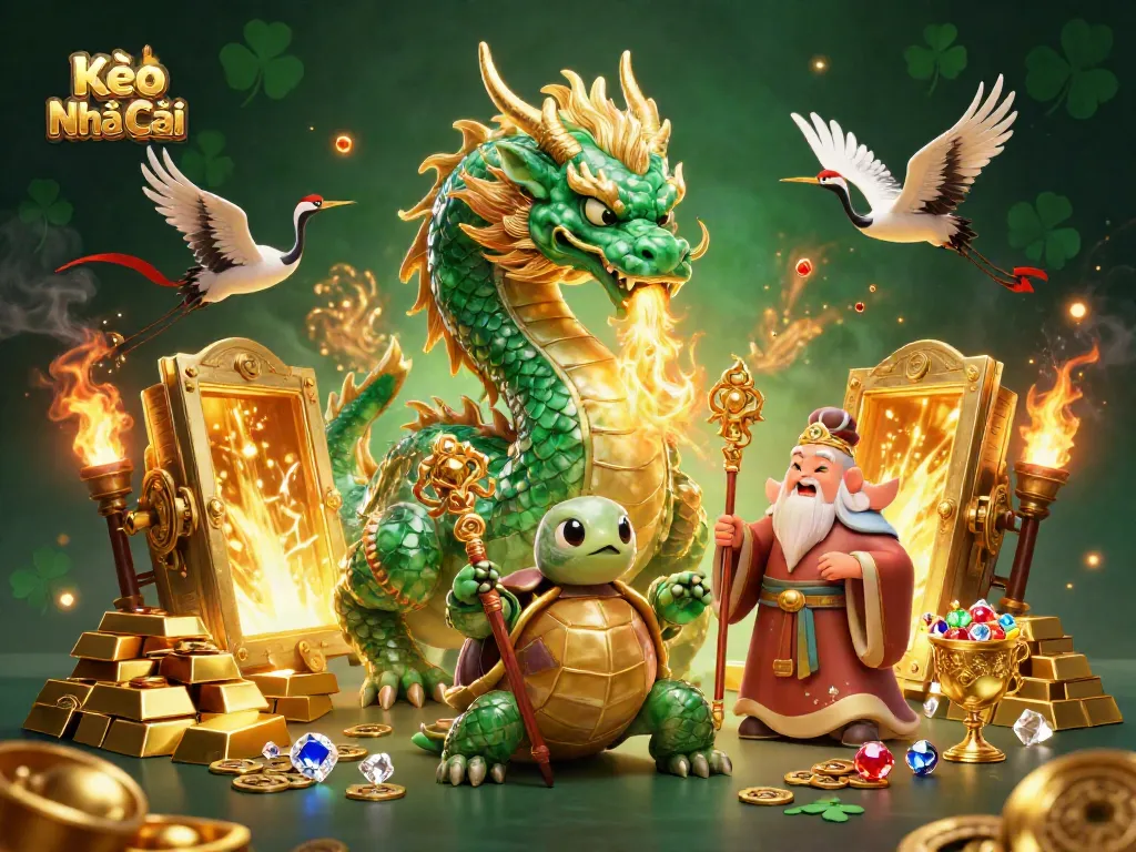 Engage in Kèo Nhà Cái betting action with an emerald dragon and treasure in a vibrant gaming scene.