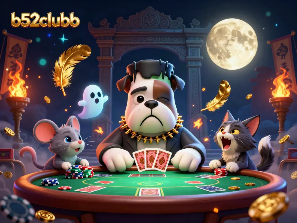 Engage in high-stakes poker with b52clubb's spooky characters dealing cards and chips.