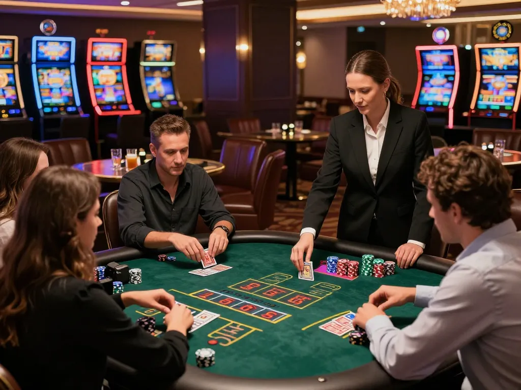 Players enjoy a thrilling blackjack game at mantra88, strategizing around an elegant table with a professional dealer.