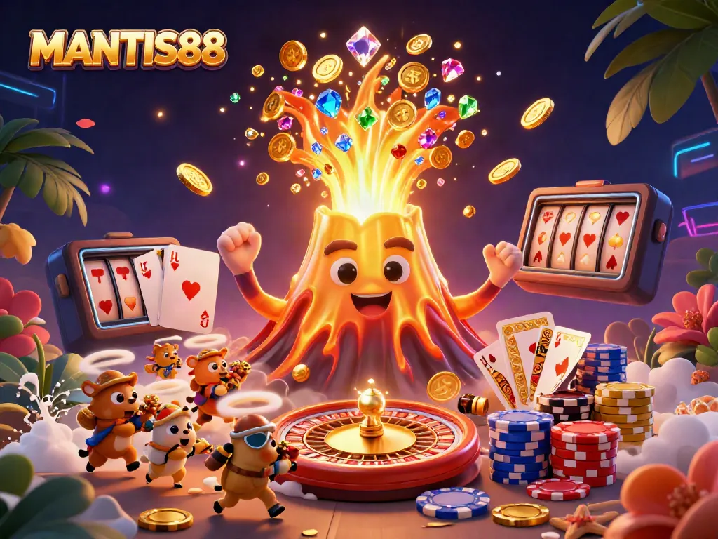 MANTIS88 showcases a vibrant scene of a golden volcano erupting treasures, highlighting casino excitement.