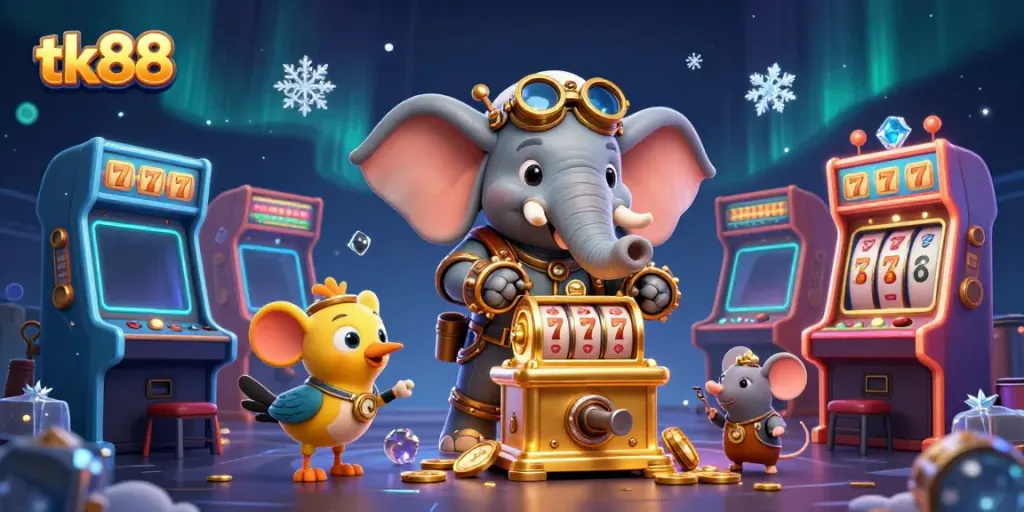 Spin the golden slot machine with tk88's magical steampunk characters in a vibrant casino world.