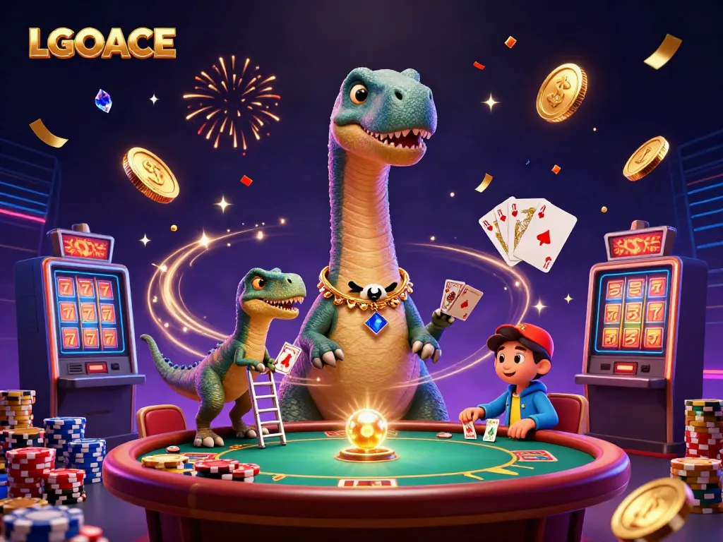 LGOACE brings excitement with a vibrant 3D casino scene featuring a towering brontosaurus and clever raptor.
