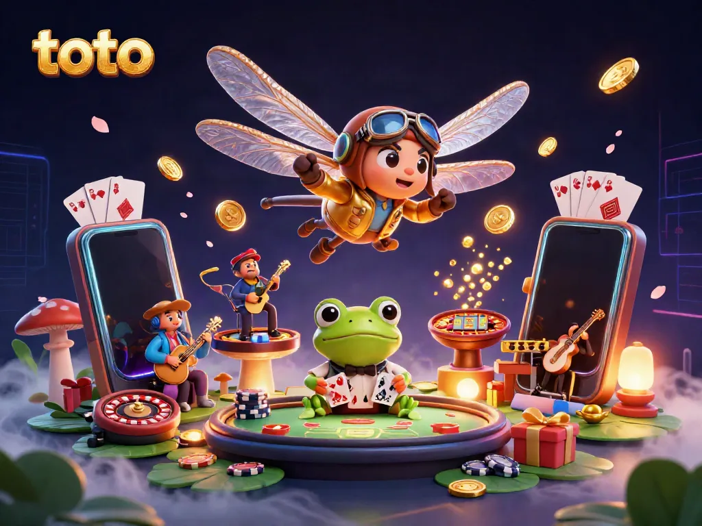 Experience thrilling gambling with Toto-inspired characters in a colorful casino scene filled with action and excitement.