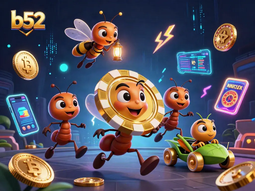 Join the thrilling b52 heist as ants carry a giant poker chip in a vibrant casino scene.