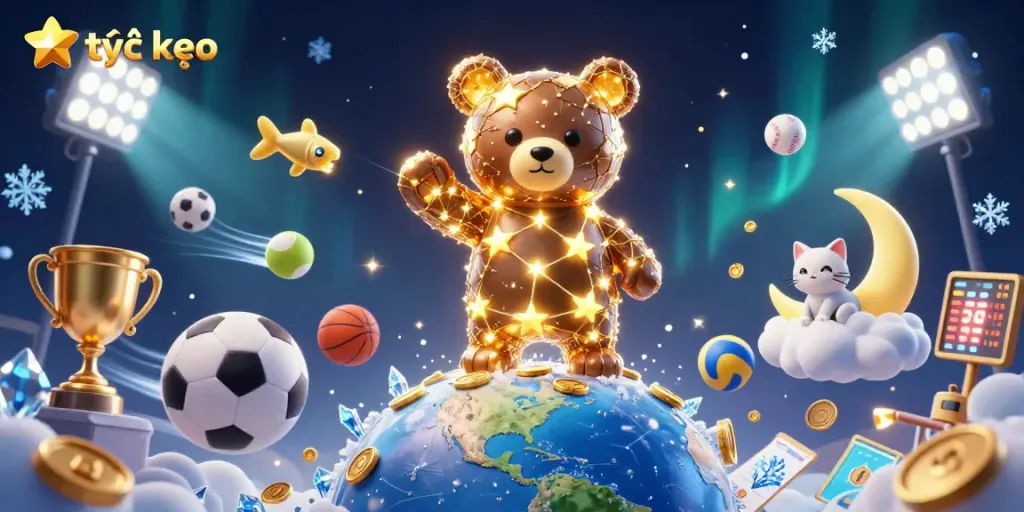 Experience the dynamic world of tỷ lệ kèo with 3D illustrations of betting elements and vibrant cosmic characters.