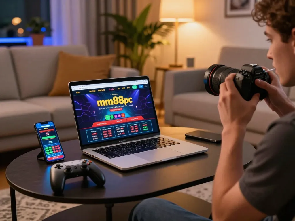 Engaged player exploring mm88pc online gaming setup, featuring laptop and smartphone for strategic betting.