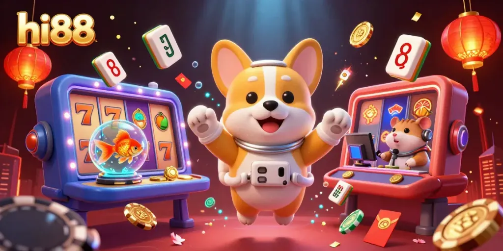Experience hi88 with an astronaut corgi in a vibrant space casino filled with drifting slot reels and treasures.