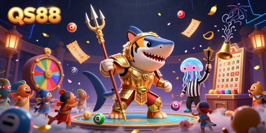 Engage with QS88's thrilling underwater colosseum featuring a golden shark and vibrant gambling elements.