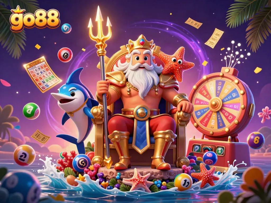 Experience the excitement of go88 with Neptune and vibrant lottery elements in this stunning 3D illustration.