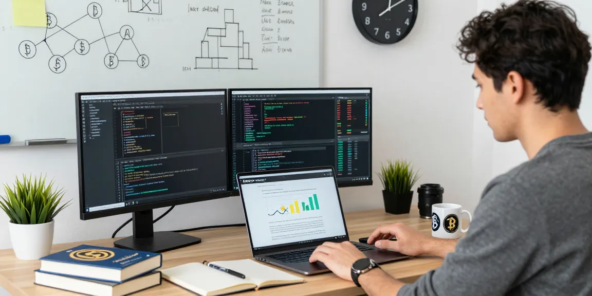 Tornardocash workspace with crypto enthusiast analyzing data and documentation in a modern co-working environment.