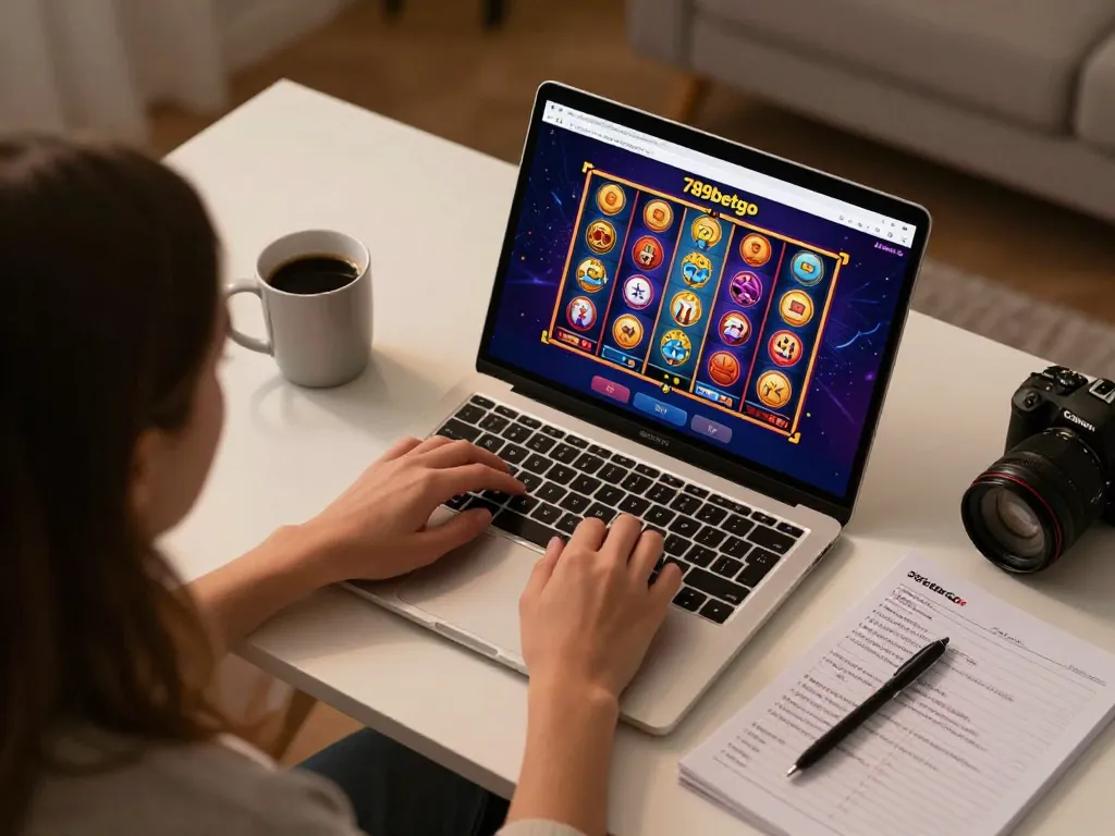 Engaging in online gambling at 789betgo on a laptop, showcasing dynamic slot game graphics and strategic notes.