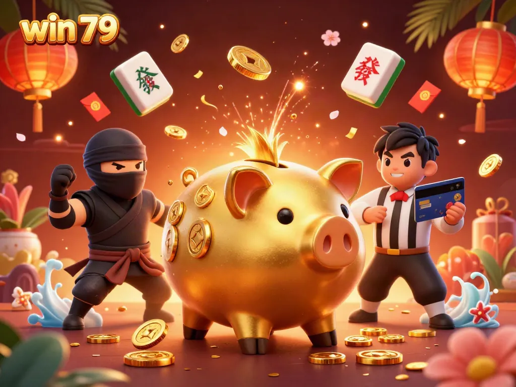 Engaging depiction of win 79 with a golden piggy bank sumo wrestler amidst vibrant casino elements