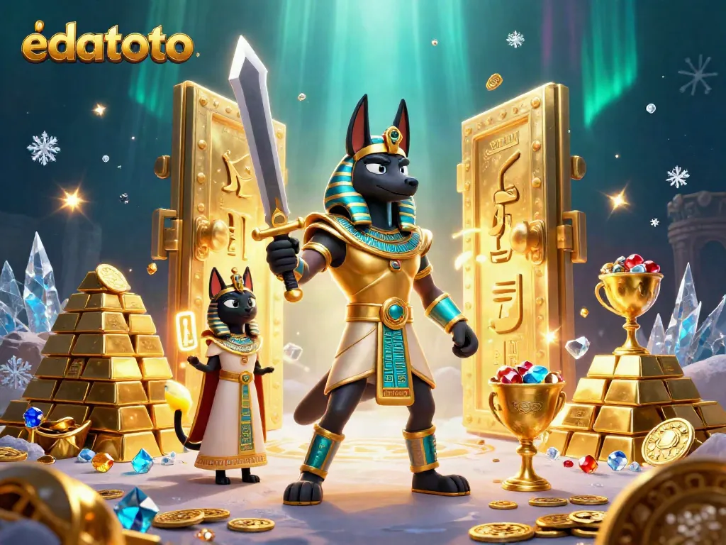 Explore edatoto's gaming wonderland with ancient Egyptian characters amidst treasures and jewels.