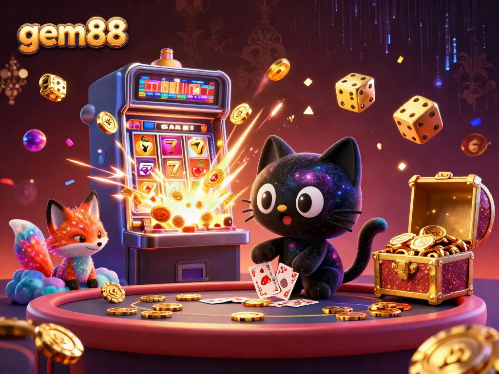 Experience the gem88 gaming universe with vibrant characters and a cosmic casino scene filled with jackpot excitement.