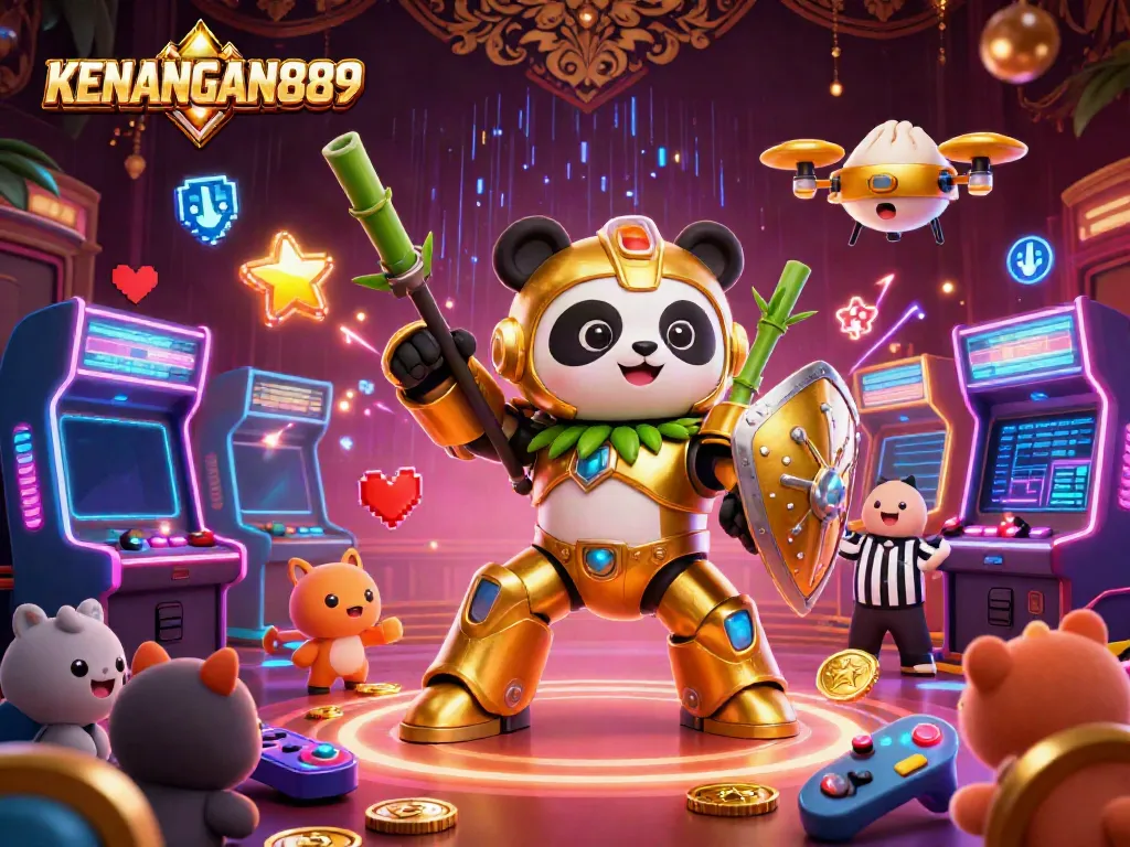 Experience thrilling gaming action at KENANGAN889 with colorful arcade machines and a golden panda in an exciting arena.