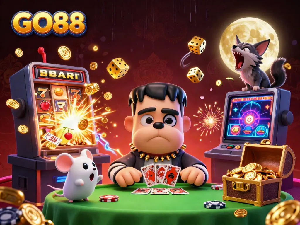 Experience the thrilling action at GO88 with vibrant casino characters, slot machines, and golden jackpots.