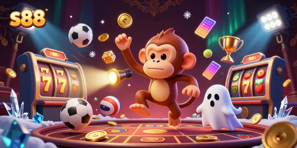 Experience the vibrant charm of s88 with dynamic casino characters and golden game elements.