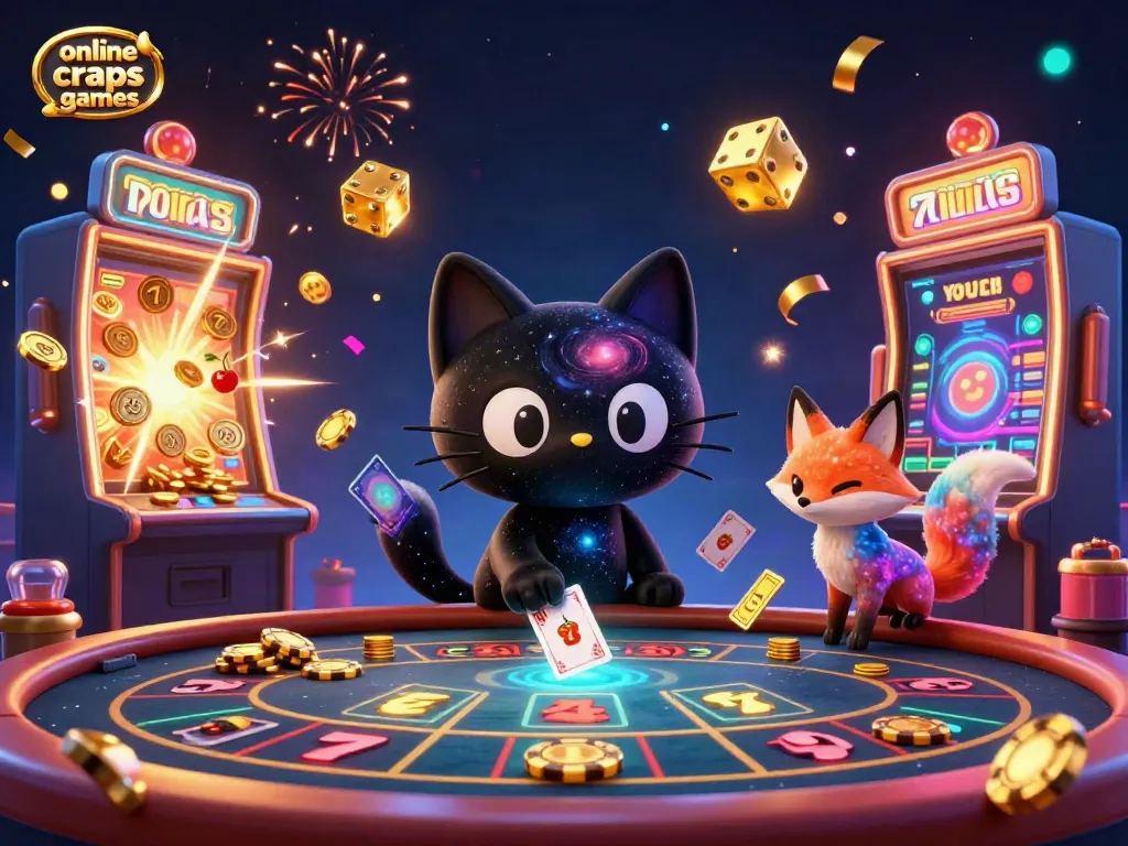 Engage with online craps games featuring a captivating cosmic casino scene with vibrant characters, colorful chips, and dynamic game symbols.