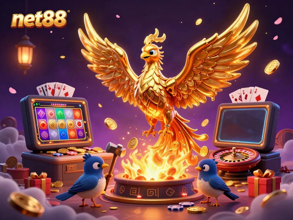 Experience the thrill of net88 with molten gold coins and vibrant gaming elements in a dynamic casino setting.