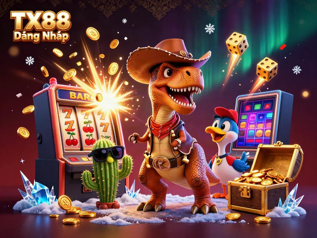 Experience thrilling wins with TX88 Đăng Nhập in this vibrant 3D casino scene featuring exciting game elements.