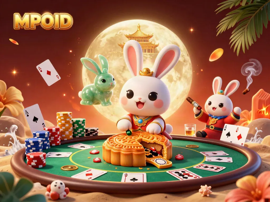 MPOID offers a vibrant illustration of a moon rabbit pounding mooncakes revealing poker chips, showcasing gaming excitement.
