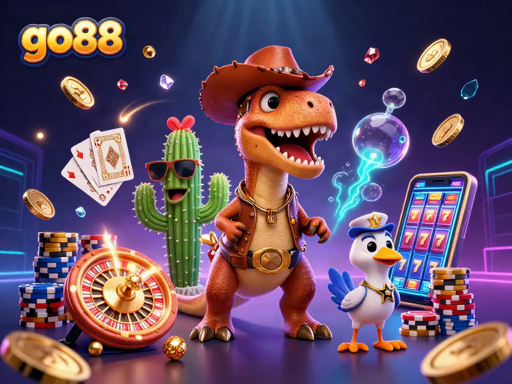 Experience excitement with go88 as a dinosaur and companions celebrate casino wins.