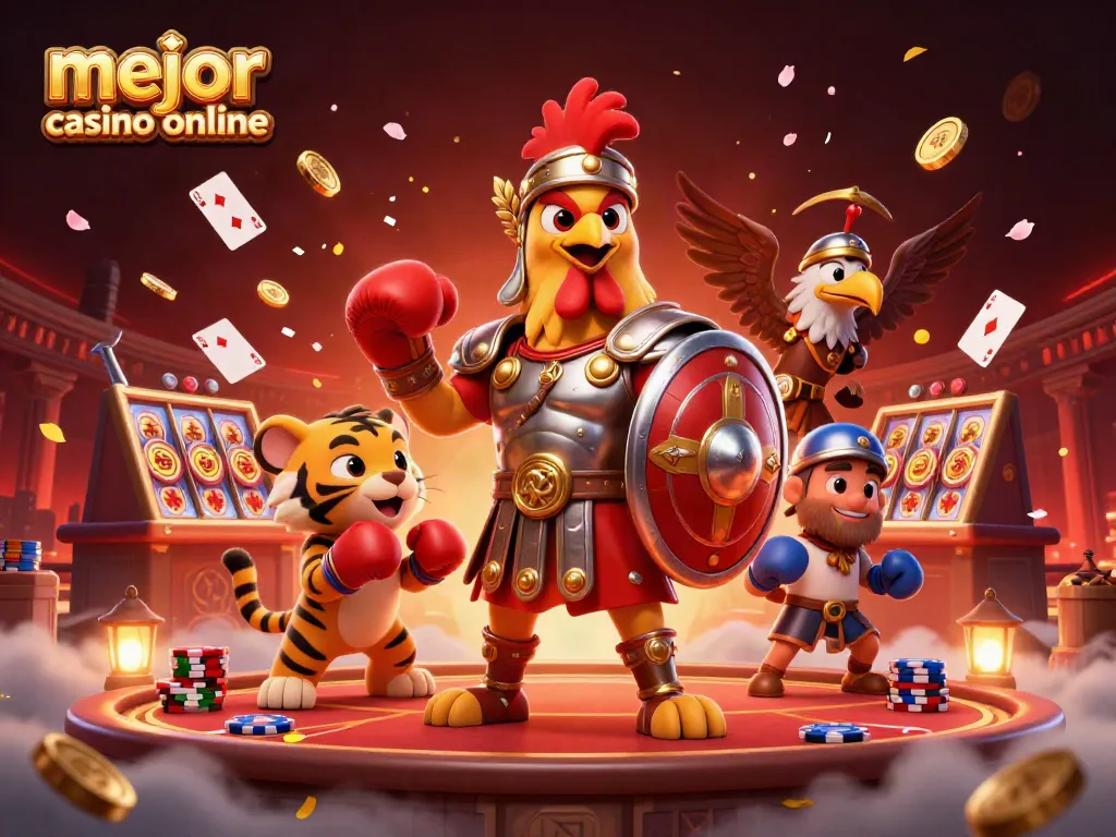 Juega en el mejor casino online luciendo acciones vibrantes con el gallo gladiador y el tigre en esta ilustración 3D.