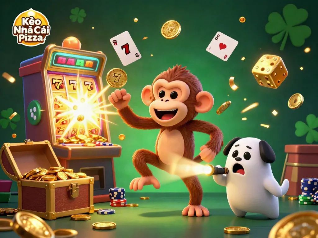 Kèo Nhà Cái Pizza character juggling golden coins in a vibrant casino scene with playful elements.