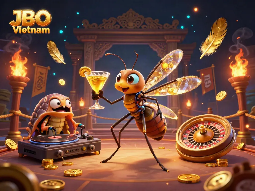 Engaging JBO Vietnam casino illustration featuring a frozen mosquito mascot, trilobite DJ, and roulette wheel.